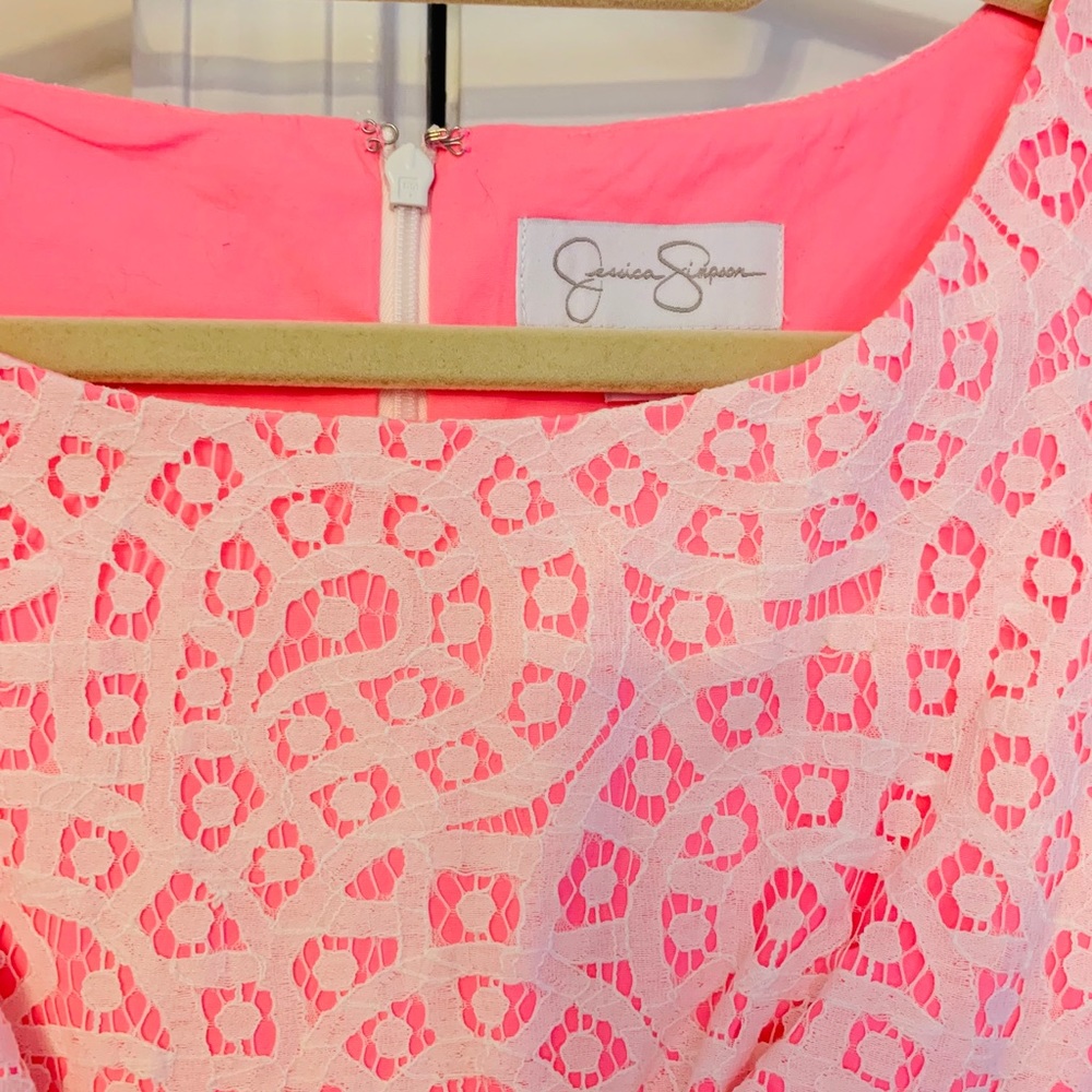 Jessica Simpson neon pink dress/white lace